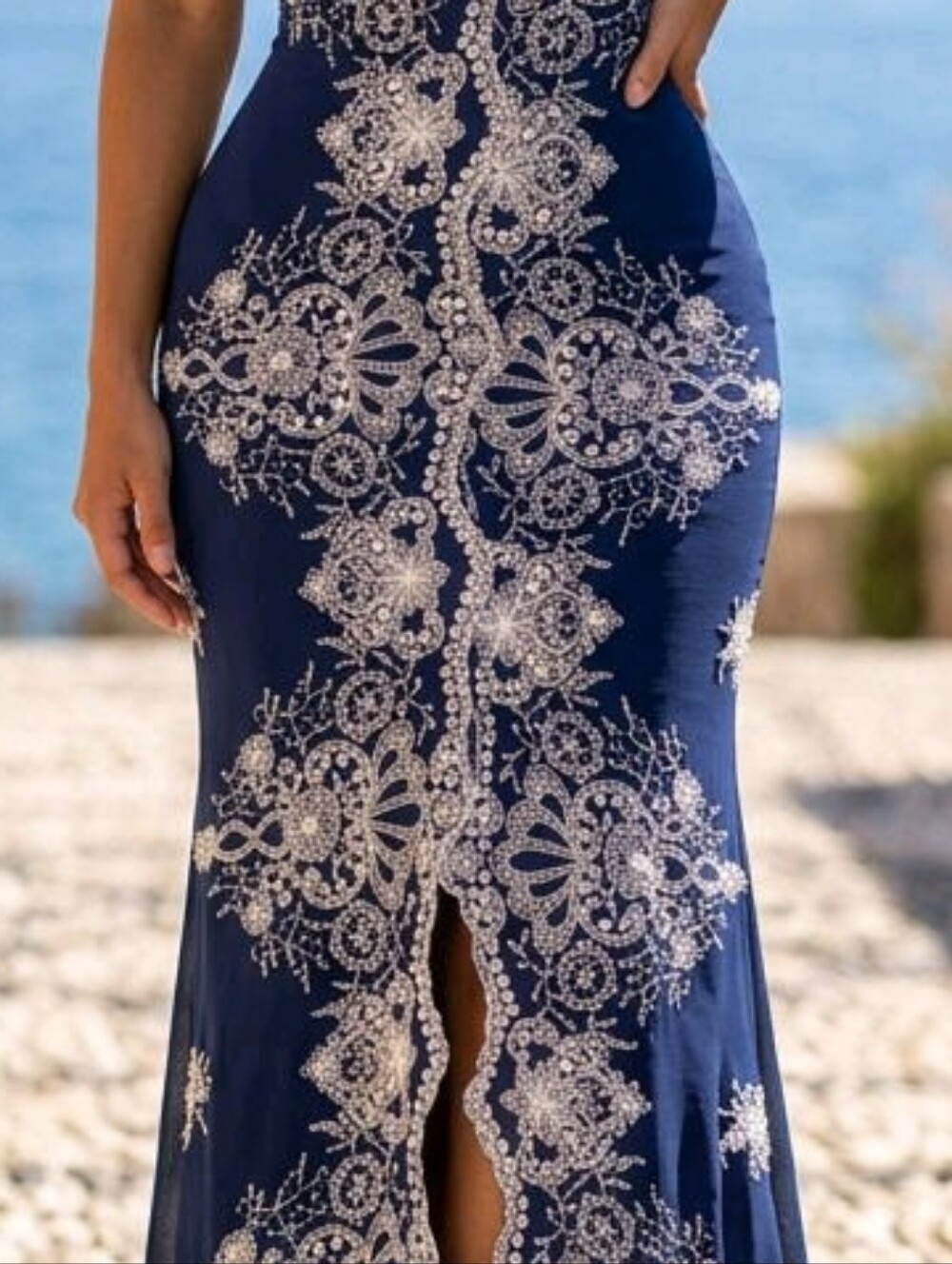 Fashion Nova Navy Maxi Skirt with White Embroidered Motif